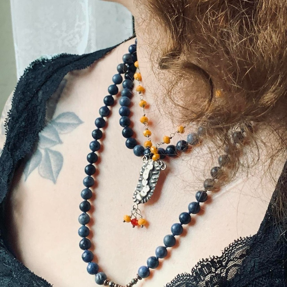 Oaxaca Sterling Silver Pendant Marigold Beaded Necklace Festival!